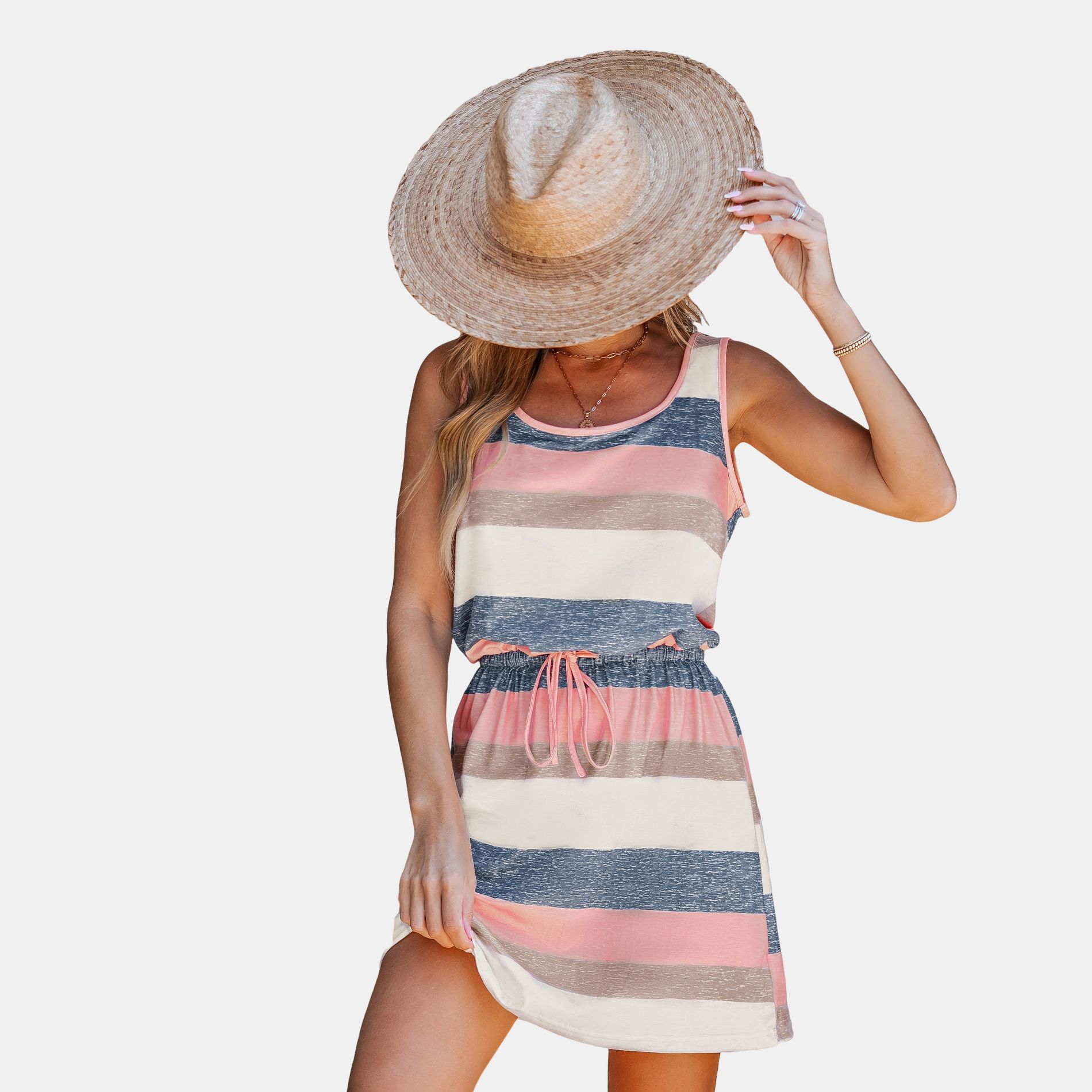 Cupshe Women's Breezy Striped Sleeveless Dress with Drawstring Waist-M-Multicolored