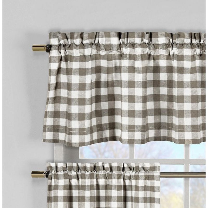 Kate Aurora Complete 3 Piece Country Farmhouse Plaid Kitchen Curtain Tier & Valance Set - Muted Taupe, 2 of 4