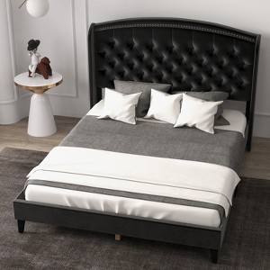 Bed Frame with Headboard – Upholstered Velvet Platform Bed, Rivet Button Tufted, Heavy Duty, No Box Spring - 1 of 4