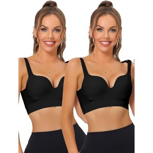 Allegra K Women's Medium Impact V Neck Wireless Padded Deep Fitness Sports Bras 2 Pcs - 1 of 4