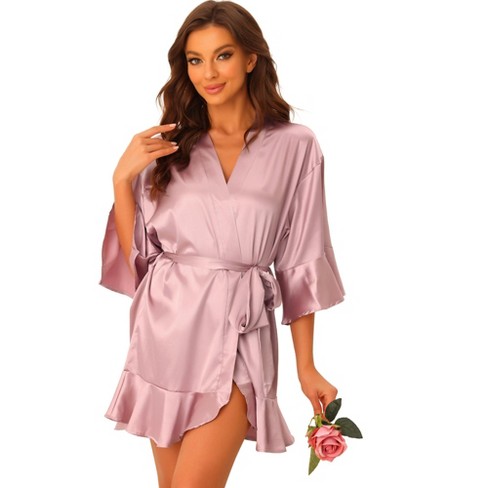 Cheibear Women s Satin One Piece Pajama Silky 3 4 Sleeves Tie