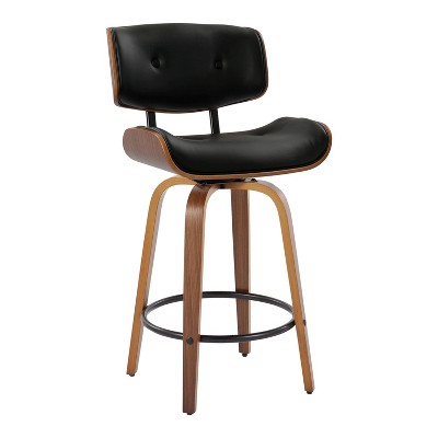 Lombardi 26" Walnut Wood and Black Swivel Counter Stools, Set of 2