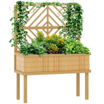 Outsunny Raised Garden Bed with Trellis for Climbing Plants, Wood Planter with Legs, Drainage Holes & Filter