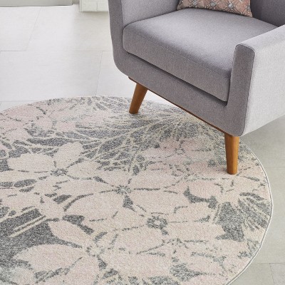 Elysian Blooms 63'' Grey and Pink Floral Round Area Rug
