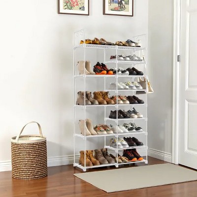 Double Row 9 Tier Shoe Rack w/ Handles Non Woven Shoe Organizer w/ Sturdy Iron Tubes PP Pads and Plastic Connectors Space Saving Closet Storage Shelf