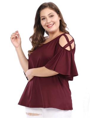 Agnes Orinda Women's Plus Size Summer Fashion Cold Shoulder Ruffle Trumpet Sleeve Blouses