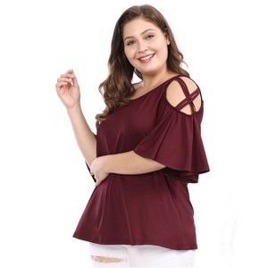 Agnes Orinda Women's Plus Size Summer Fashion Cold Shoulder Ruffle Trumpet Sleeve Blouses - 1 of 4