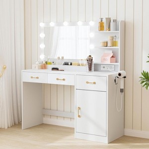 Vanity Desk with Mirror and LED Lights Power Outlet, with 3 Drawers and Storage Shelves Dressing Table for Bedroom - 1 of 4