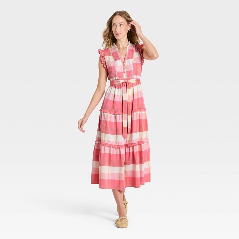 Женские платья Universal Thread Women's Flutter Short Sleeve Ruffle Maxi A-Line Dress - Universal Thread™ Pink Plaid XL