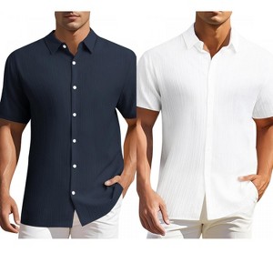 INSPIRE CHIC Men's Summer Point Collar Short Sleeves Button Down Linen Shirts 2 Packs - 1 of 4