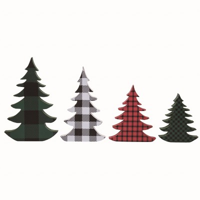 Transpac Wood Multicolor Christmas Plaid Trees Set of 4