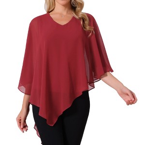 INSPIRE CHIC Women's Lightweight V Neck Flowy Casual Asymmetrical Hem Chiffon Cloak Blouse - 1 of 4