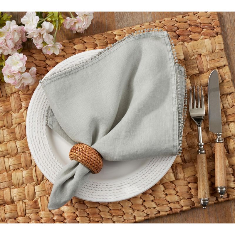 Saro Lifestyle 100% Linen Pompom Design Dinner Table Napkins (Set of 4), 2 of 3