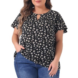 Agnes Orinda Women's Plus Size Keyhole Flutter Short Sleeve Chiffon Floral Tops - 1 of 4