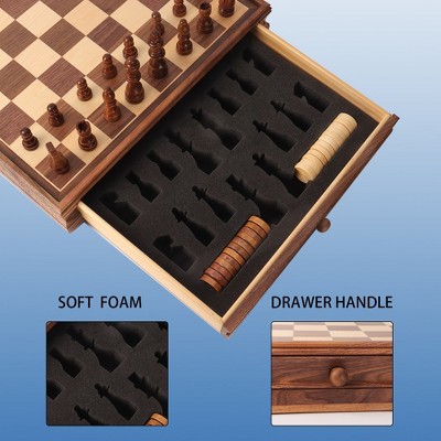 15" Wooden Chess and Checkers Board Game Set with Storage Drawer