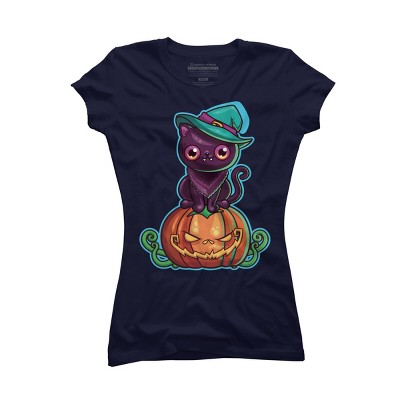 Junior's Design By Humans Ferociously Cute Halloween Vampire Witch Kitty Cat By LittleBunnySunshine T-Shirt