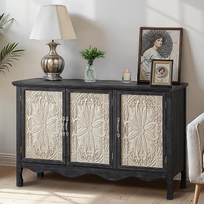 RoyalCraft Farmhouse Sideboard Buffet Cabinet Solid Wood Credenza, 3 Door Storage Console Table for Dining Room Kitchen Entryway, 49 Inch, Black