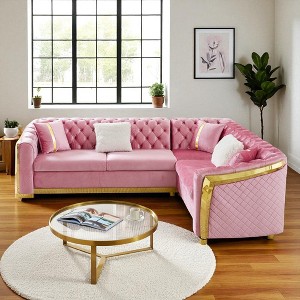 106" L-Shaped Chesterfield Sectional Sofa with Gold Stainless Steel Accents, Velvet Button Tufted Design & 5 Pillows for Luxury Living Room - 1 of 4