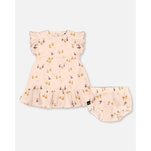 Deux par Deux Girl Printed Organic Cotton Dress and Bloomer Set Peach with Pears - 1 of 4