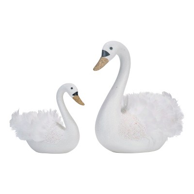 Transpac Artificial 12 in. White Christmas Feather Swan Decor Set of 2