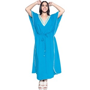 HAPPY BAY Women's House Daily Routine Evening Wear Vacation Holiday Casual Dailywear Loungewear Loose Caftan Maxi Robe Flowy Home Wear 3X-4X Blue - 1 of 3