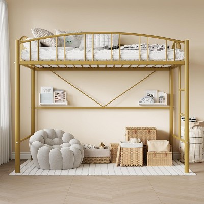 Loft Bed/Bunk Bed Twin Size with Ladde and Arched Guardrail, Heavy Duty Metal Bed Frame for Kids and Adults, Small Space Saving Design
