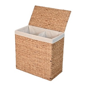 happimess Sawyer 24" Classic Farmhouse Handwoven Hyacinth 2-Section Collapsible Laundry Hamper with Washable Liner, Handles, and Lid - 1 of 4