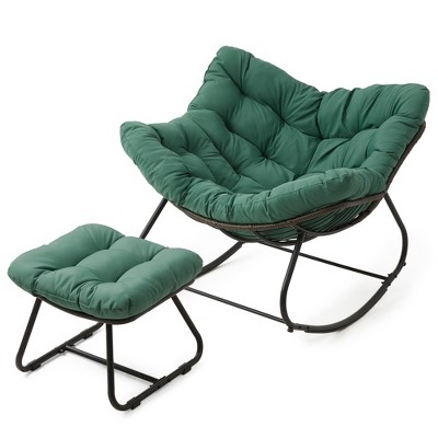 Heynemo Patio Rocking Chair with Ottoman, Outdoor Indoor Rocking Egg Chair with Cushions, Metal Lounge Chair Oversized Papasan Chair, Green