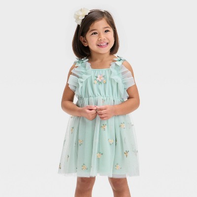 Audrey Camille Toddler Girls' Glitter Embroidered Floral Tank Tulle Dress - Mint Green