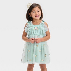 Audrey Camille Toddler Girls' Glitter Embroidered Floral Tank Tulle Dress - Mint Green - 1 of 3