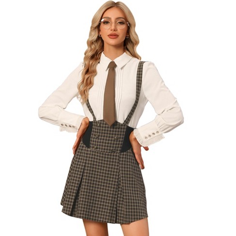 Allegra K Women s Overall Pinafore Plaid Mini Skirt Brown Medium