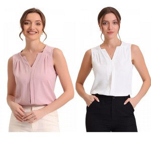 Allegra K Women's Elegant Chiffon V Neck Sleeveless Work Pleated Blouse 2 Packs - 1 of 4
