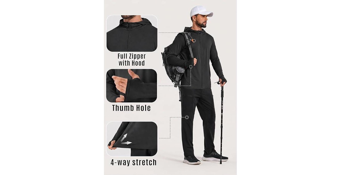 Мужские худи COOFANDY Men' s UPF 50 Light Jacket Full Zip Sun Protection Long Sleeve Sun Shirts UV Fishing Hiking Athletic Running Black, цвет: Чёрный — фото 4