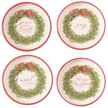 Transpac Christmas Holiday Cermaic Sentiment Wreath Plate Set of 4, Dishwasher Safe, 6.5"