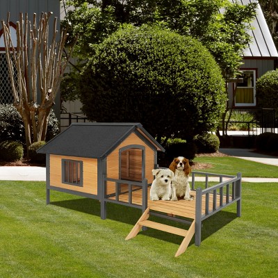 LAOTIES Outdoor Wooden Dog House With Iron Frame,Waterproof Roof And Porch,Anti-Chew Design
