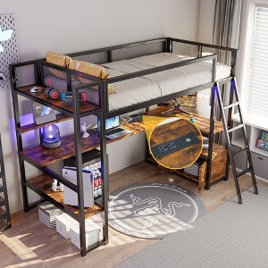 Whisen Twin Size Metal Loft Bed with Built-in Work Station, LED and Multiple Storage - 1 of 4