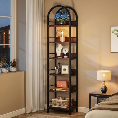 Rustic Brown 6-Tier Arched Metal Frame Bookshelf
