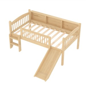 TopComfy Beds Twin Loft Bed with Storage Shelves Solid Wood Lower Loft Bed with Full length Guardrails for Bedroom, Beige, 77.76"*74.41"*37" - 1 of 4