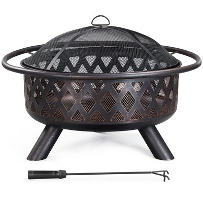 Fire Pits for Outside, Wood Fire Pits, Bonfire Pit, 30 Inch Round Cast Iron  Fire Pit with Grill for Patio, Backyard with Spark Screen, Fire Poker and