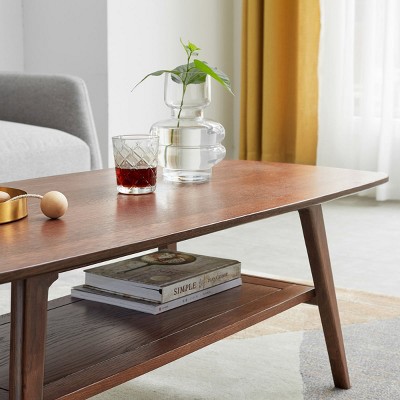 Yukimo 17.32"H Walnut Coffee Table, Solid Oak Wood Center Table with Storage Shelf, Two-Tier Low Table for Living Room