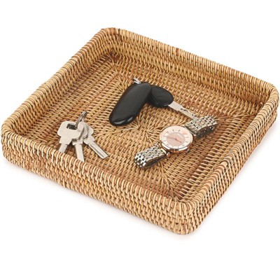 BRINJOY Woven Rattan Key Basket Tray - Handmade Square Decorative Tray for Entryway Table, Bedside, Kitchen Countertop, Bathroom Storage