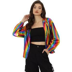 INSPIRE CHIC Women's Holographic Shiny Long Sleeve Zipper Hooded Metallic Jacket - 1 of 4