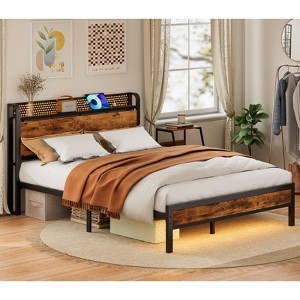Full Size Bed Frame with Storage Headboard and LED Light, Platform Bed with Metal Slats, Noise Free Design, Easy Assembly - 1 of 4