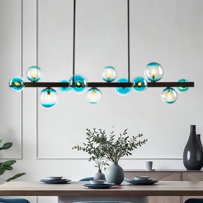 Rennnsan Zephivon 44" W 12 - Light Liner Bubble Ombre Glass Modern Dimmable Kitchen Island Pendant in Black