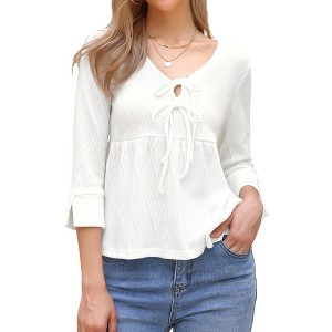 INSPIRE CHIC Women's Casual Peplum 3/4 Sleeve Tie V Neck Ruffle Hem Summer Blouse - 1 of 4
