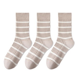 Anna-Kaci 3 Pairs Women's Striped Crew Socks with Ribbed Knit Design and Anti-Pilling Cotton Blend - 1 of 4