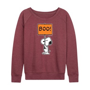 Women's - Peanuts - Snoopy Boo Sign Lightweight French Terry Wide Neck Long Sleeve Graphic Shirt - 1 of 4