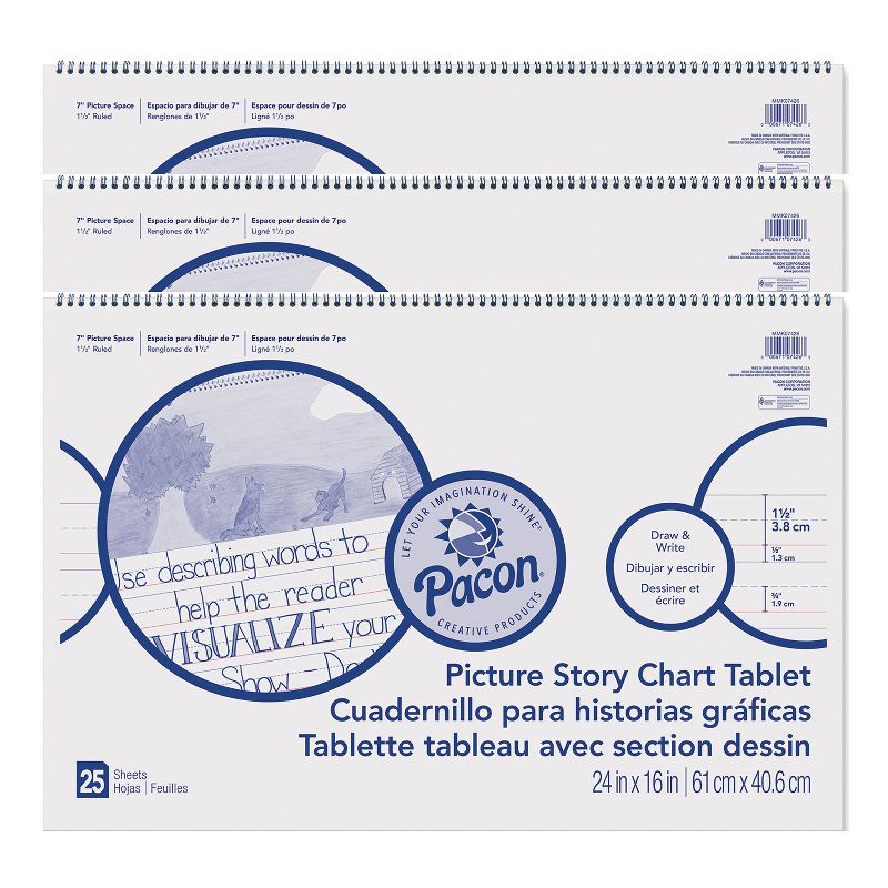 Pacon Picture Story Chart Tablet, White, Ruled Long, 1-1/2" Ruled, 24" x 16", 25 Sheets, Pack of 3, 1 of 4
