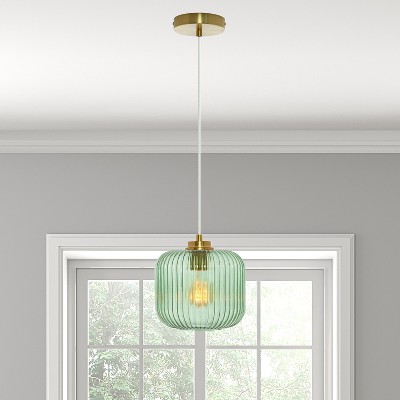 Green Glass Globe Pendant Light with Brushed Gold Finish