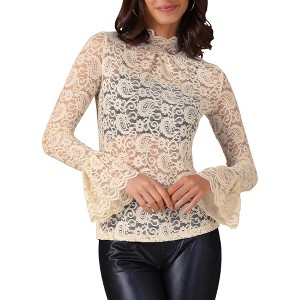 INSPIRE CHIC Women's Floral Lace Mesh Mock Neck Long Bell Sleeve Casual Dressy Blouse - 1 of 4